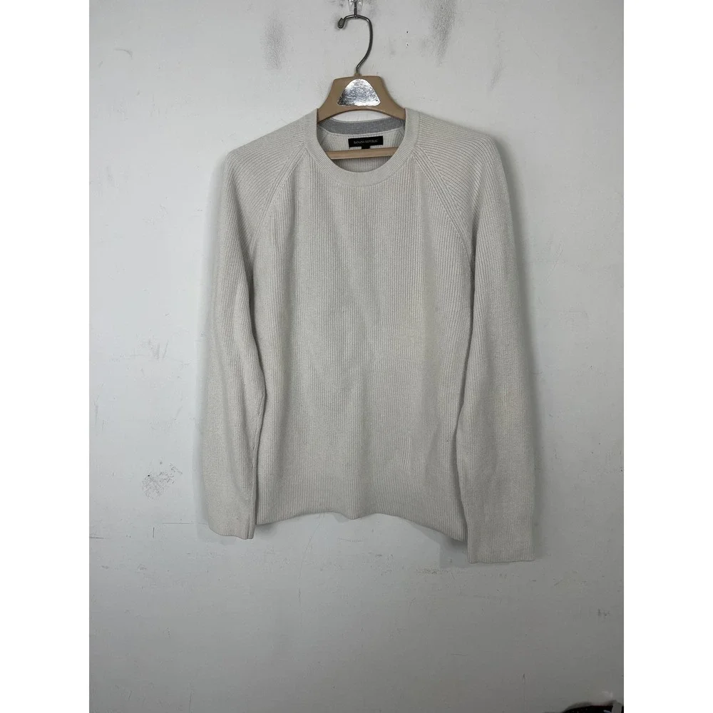 Banana Republic Men Sweater Large Ivory Ribbed Crew Neck Skater Grunge Fisherman
